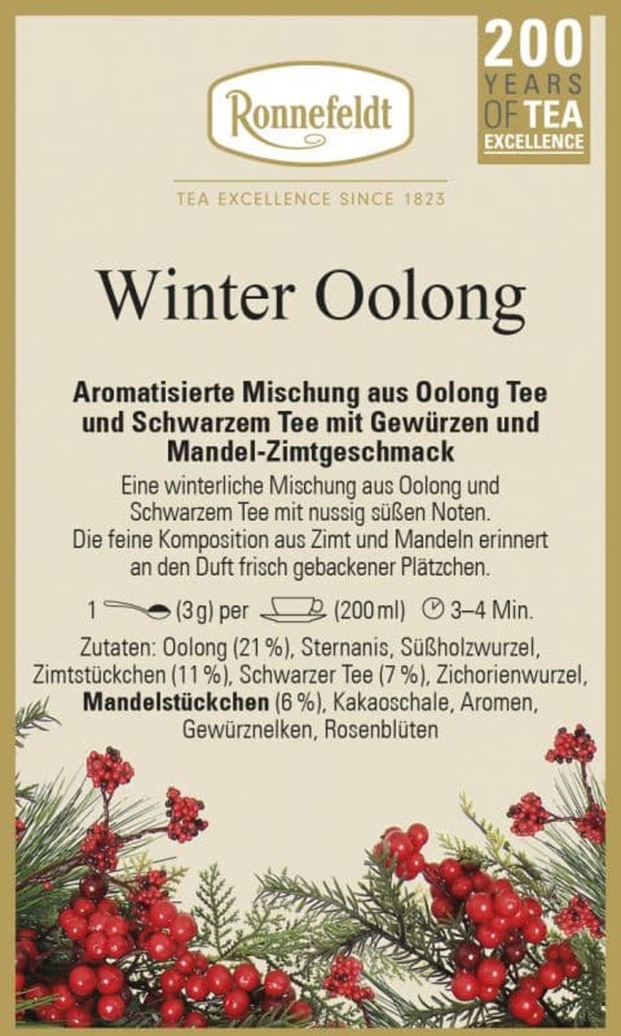 Tee teeblatt Schwarzer Tee Aromatisiert | Oolong Tee: Winter Oolong, 100G (Oolong U. Schwarzer Tee Mit Mandel-Zimtgeschmack Von Ronnefeldt)